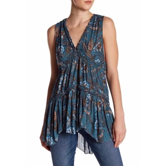 Free People Haze Hummingbird Tunic Blue Ruffled XS - Picture 2 of 12